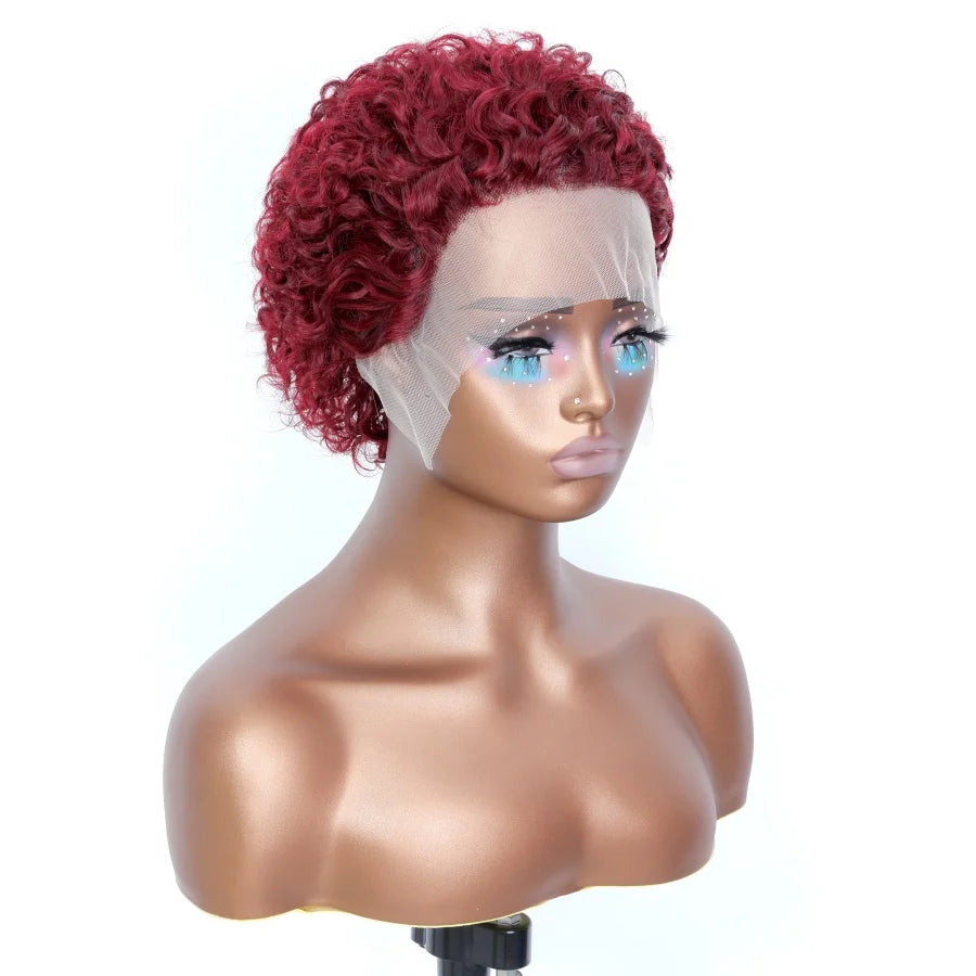 99j Red Short Curly Wigs Pixie Cut Lace Front Wigs 6 inch Human Hair 13X1 Pixie Burgundy Human Hair Wigs For Women Pixie Wig