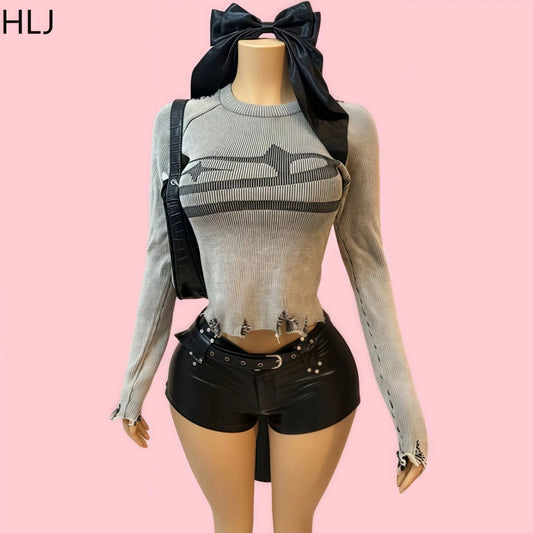 HLJ&GG American Vintage Y2K Leather Shorts Two Piece Sets Women Long Sleeve Knit Top And Shorts Outfits Fashion Streetwear New