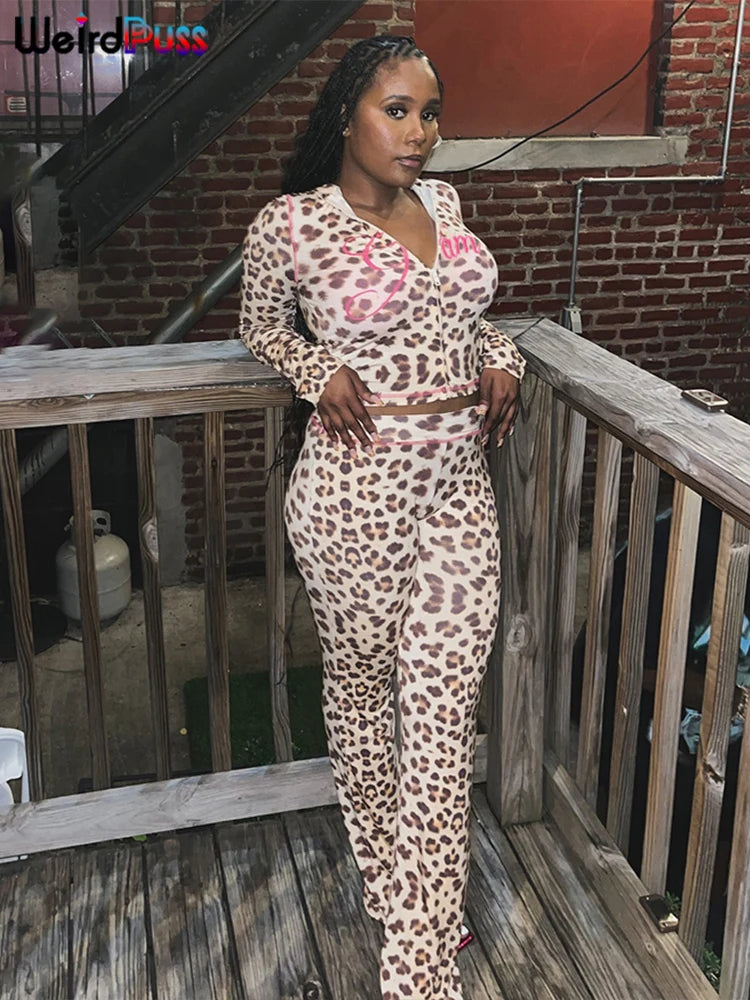Weird Puss Leopard Contrast Letter Print 2 Piece Set Women Hooded Full Sleeve Crop Jacket+Skinny Stretch Flare Pants Trend Suits