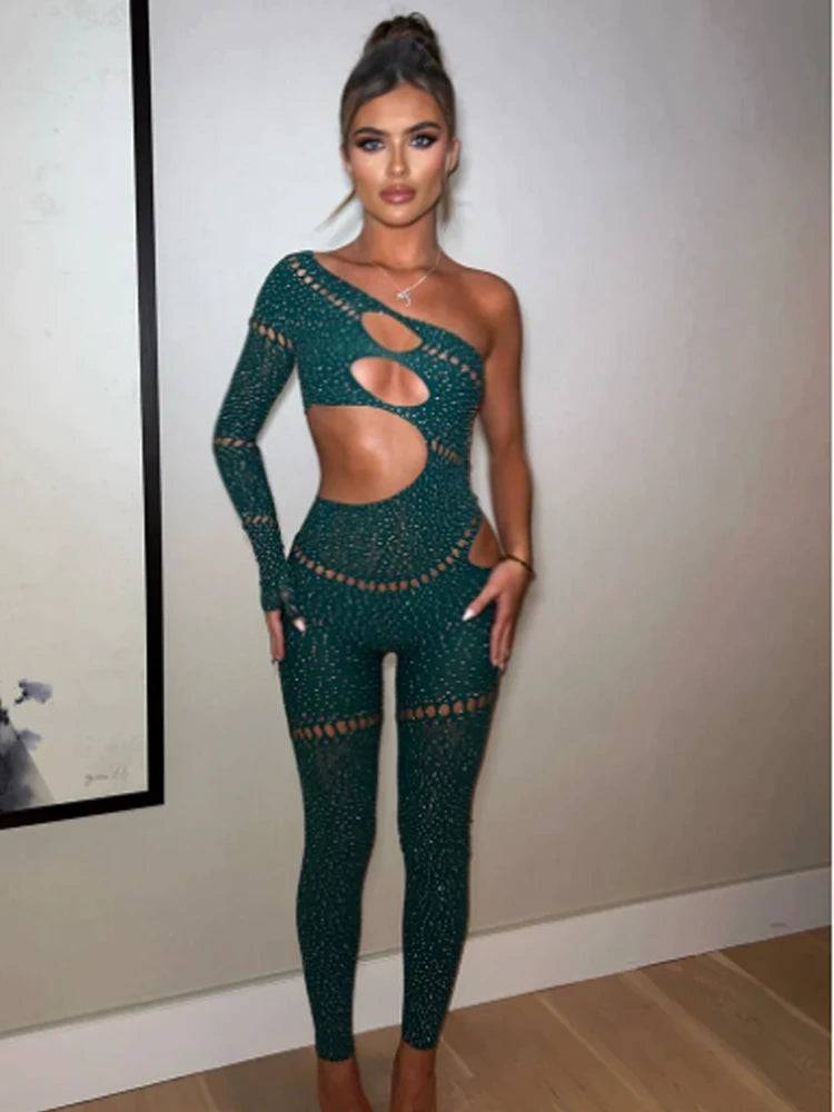 Weird Puss Shine Rhinestones Jumpsuits Women Irregular Hollow Skew Collar Single Sleeve Hottie Sexy Coquettish Clubwear Overalls