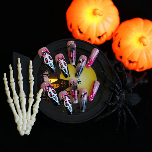 24pcs Halloween False Nails Ghost Witch Pumpkin Print Fake Nails Tips Wearable Detachable European Long Ballet Press on Nails