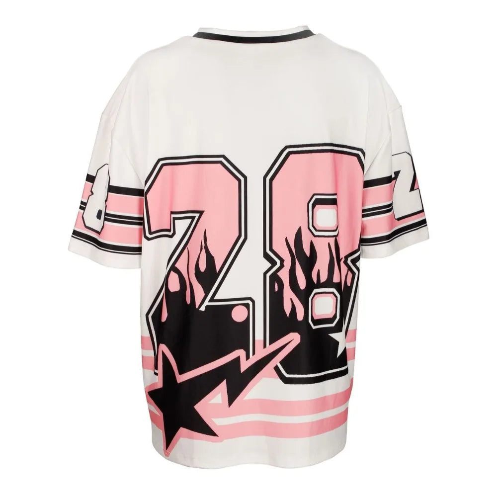 HLJ&GG Pink Fashion Letter Loose Tshirts Two Piece Sets Women V Neck Short Sleeve Top+Pleated Mini Skirts Outfits Y2K Streetwear