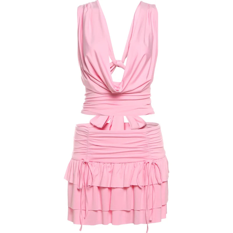 Weird Puss Sexy Chic 2 Piece Set Women Halter Swing Collar Tank Tops+Tierred Skirts Matching Beach Vacation Elegant Clubwear