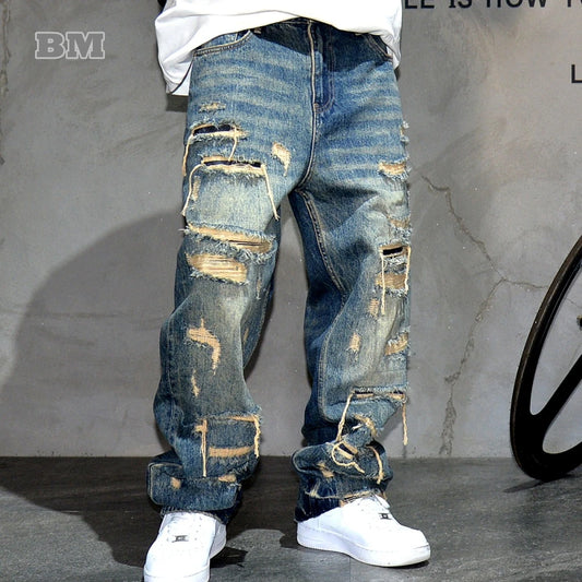 Ripped Baggy Jeans Distressed Denim Streetwear Skateboard Pants Straight Leg Patchwork Oversized Urban Fashion Workwear, men's jeans