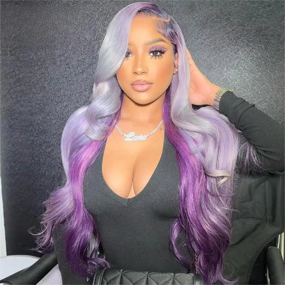 13X4 Lace Front Wig Ombre Purple With Silver Grey Body Wave Glueless Wig Human Hair 613 Lace Frontal Human Hair Wigs