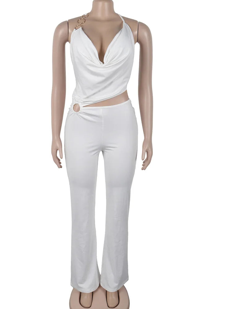 Kricesseen Women's Halter Neck Draped Cut-Out Metal Ring Fitted Jumpsuits Sexy Rompers One Piece Outfits Solid Clubwear Overalls