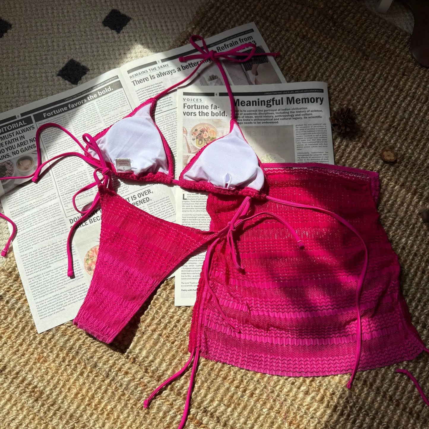 HLJ&GG Sexy Gradient Pink 3 Piece Sets Woman Bikini Outfit Halter Backless Crop Top + Underpants + Skirt Female Swimwear New