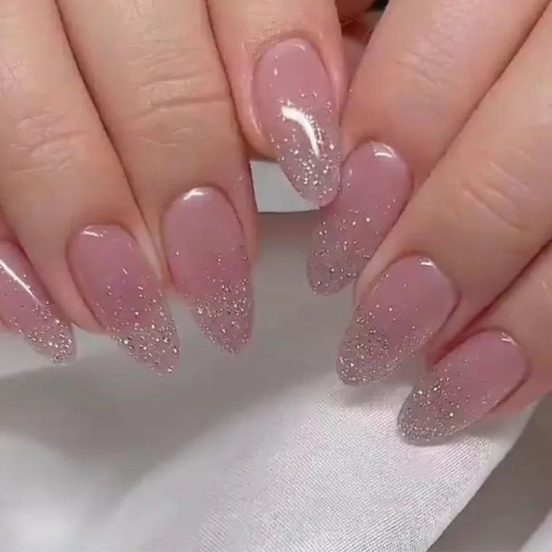 24pcs Aurora Stiletto False Nail Tips Glitter Gradient Color Fake Nails Wearable Full Cover Pointed Head Acrylic Nail Tips