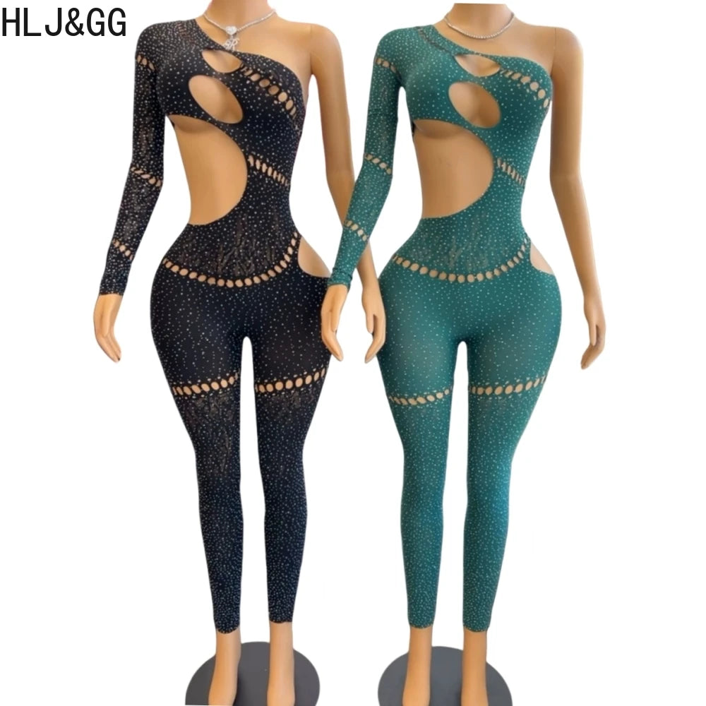 HLJ&GG Sexy Rhinestone Hollow Bodycon One Piece Jumpsuits Women One Shoulder Long Sleeve Slim Playsuit Fashion Clubwear Overalls