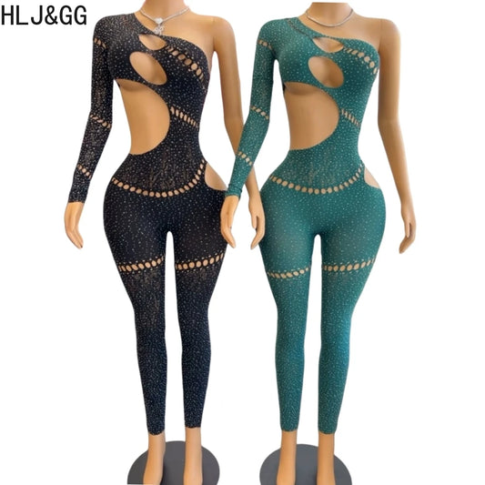 HLJ&GG Sexy Rhinestone Hollow Bodycon One Piece Jumpsuits Women One Shoulder Long Sleeve Slim Playsuit Fashion Clubwear Overalls