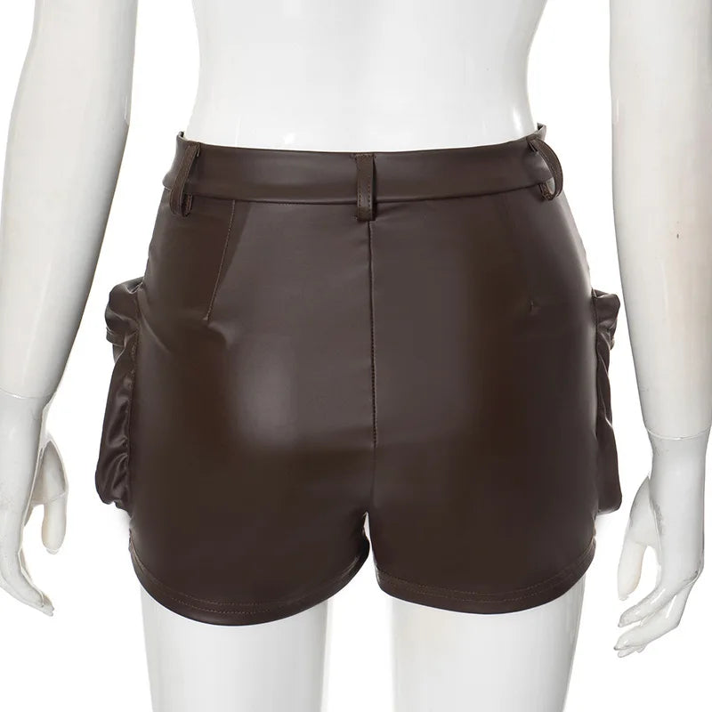 HLJ&GG Brown Y2K Fashion Leather Cargo Shorts Two Piece Sets Women Off Shoulder Zip Slim Crop Top And Shorts Outfits Streetwear
