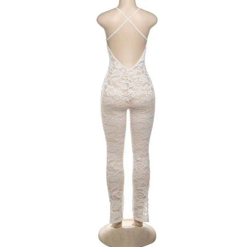 CM.YAYA Fashion Women Spaghetti Strap V-neck Backless Lace See Though Jumpsuits Sexy Club Party Outfits One Piece Suit Rompers