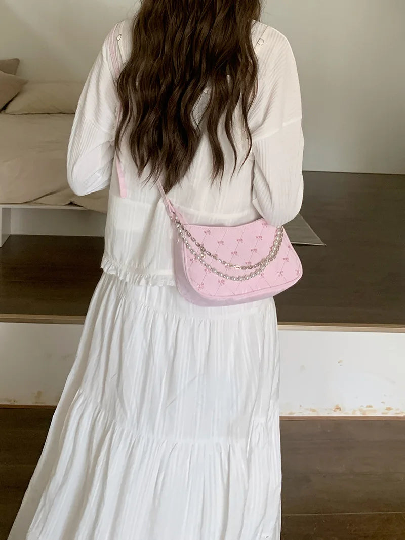 Pink Shoulder Bag Elegant Cute Bow Pearl Chains Bow Embroidery Handbag Casual Leather Korean Fashion Female Handbag