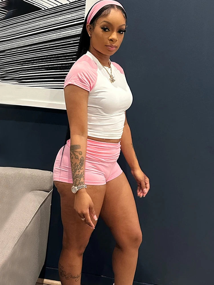Kricesseen Color Block Crop Top And Matching Shorts Set 2 Piece Outfits Sporty Knitted Active Set Night Club Outfits