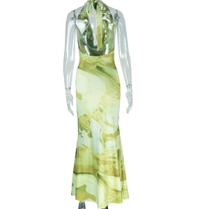 STYLISH LADY Floral Printed Backless Dress 2025 Summer Women Sleeveless Halter Bodycon Sexy Club Party Long Maxi Dresses