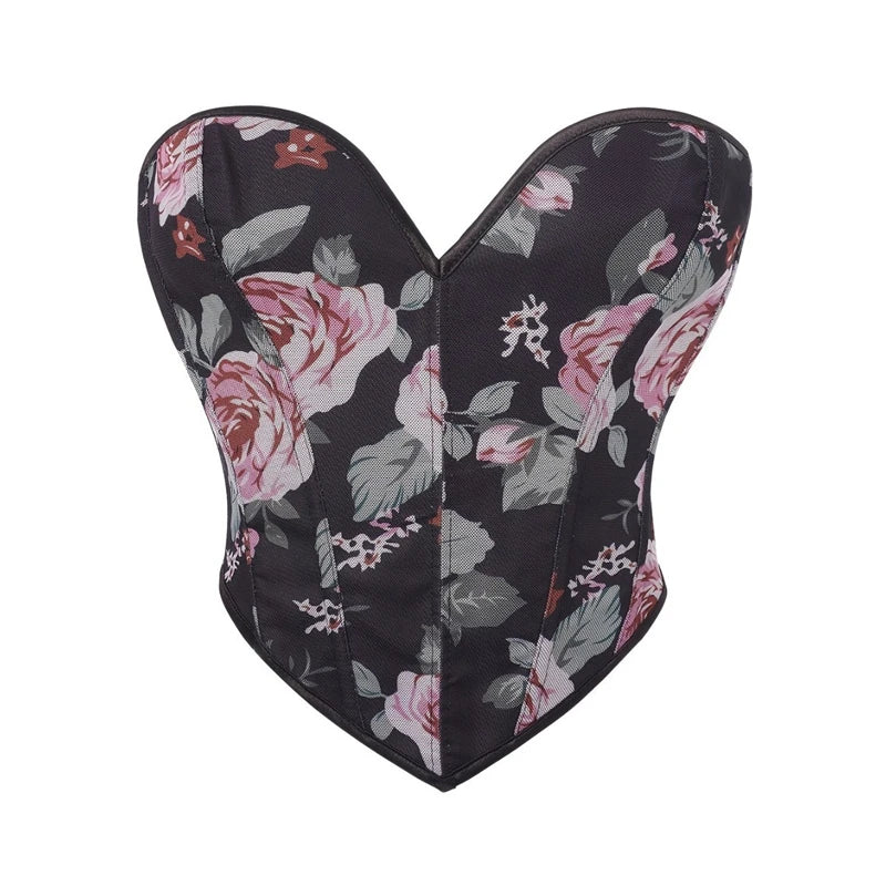 Sexy Women Overbust Corsets Crop Tops Golden Printed Bustiers Lace Up Body Shaper Lingerie Gothic Corselet
