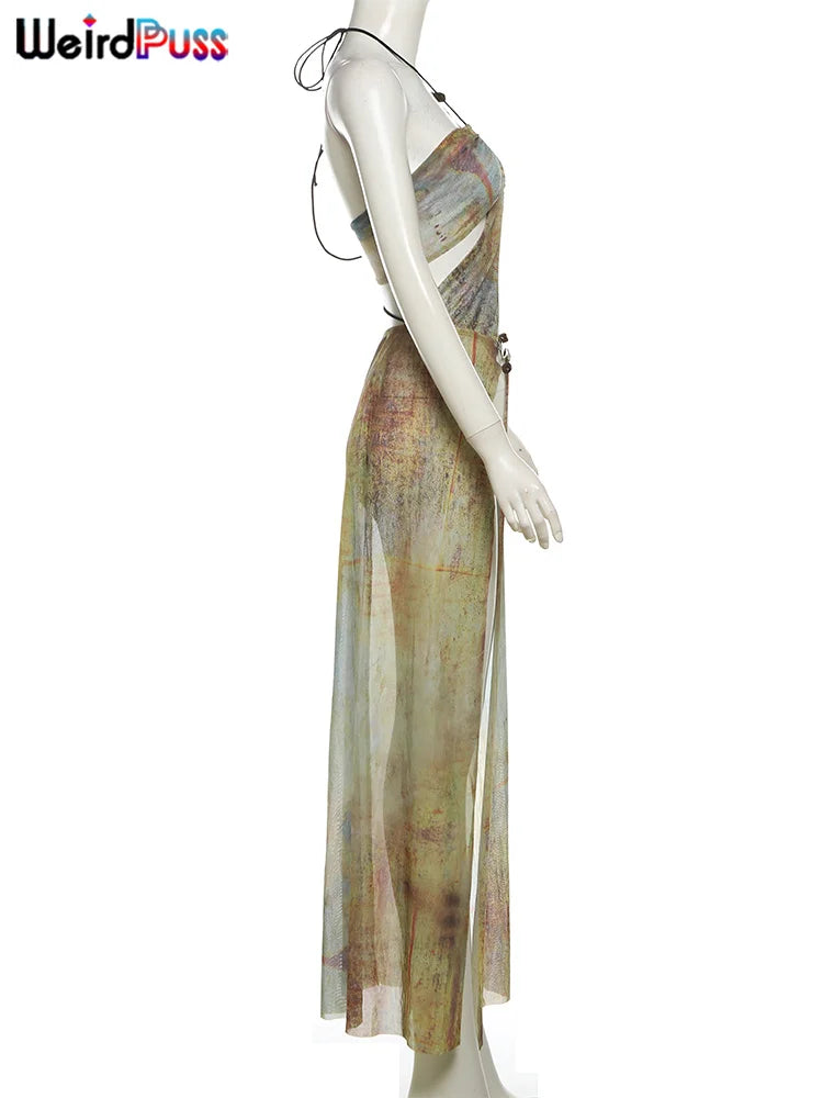Weird Puss Hollow Halter Dress Women See through Summer Trend Sleeveless Waistless Vintage Print Long Bodycon Clubwear Vestidos