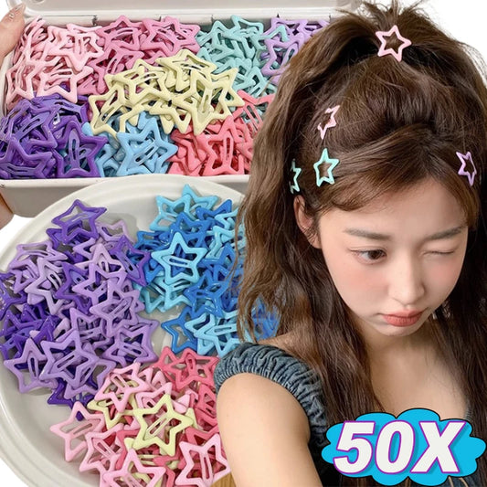 10/50pcs Colorful Kawaii Star Barrettes Y2K Sweet Girls BB Solid Star Hairclips Metal Snap Clip, Hair Jewelry Gifts