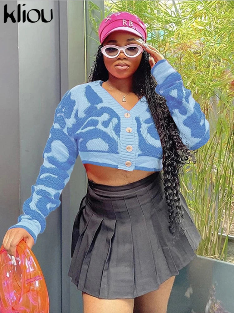 Kliou Knit Coats ladies Autumn New Full Sleeve Breasted Buttons V-neck Ruched Sweather Outwear Bare Midriff Street Tops