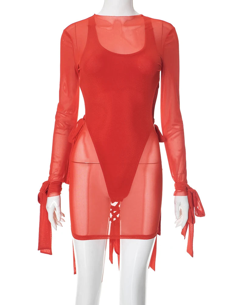 Weird Puss Irregular Backless 2 Piece Set Woman Bandgae Sexy Bodysuits+Mesh See Through Dress Vacation Beach Party Trend Outfits