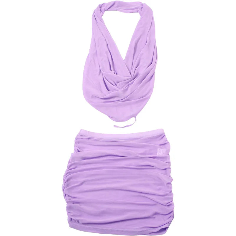 HLJ&GG Sexy Ruched Halter Deep V Mini Skirts Two Piece Sets Women Sleeveless Backless Lace Up Crop Top+Skirts Outfits Streetwear