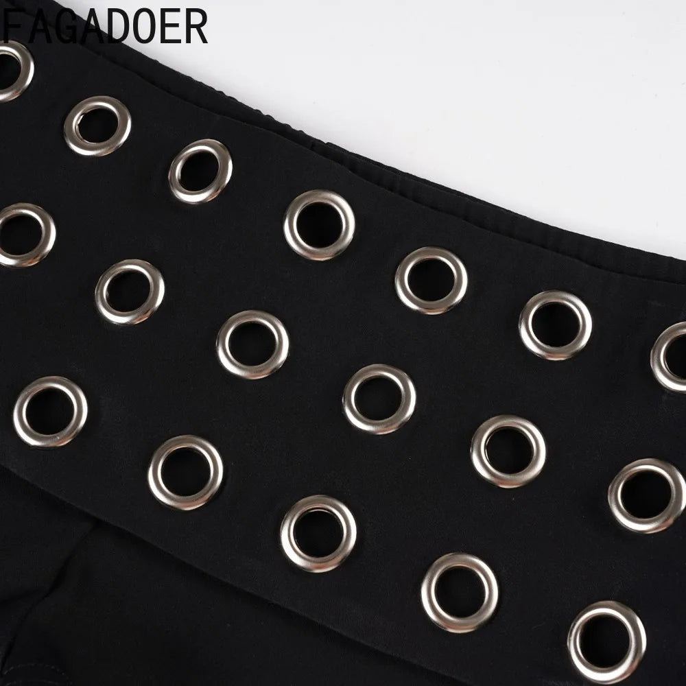 FAGADOER Y2K Sexy Hollow Out Patchwork 2 Pieces Set for Woman Sleeveless Backless Crop Top and Shorts Outfits Female Streetwear