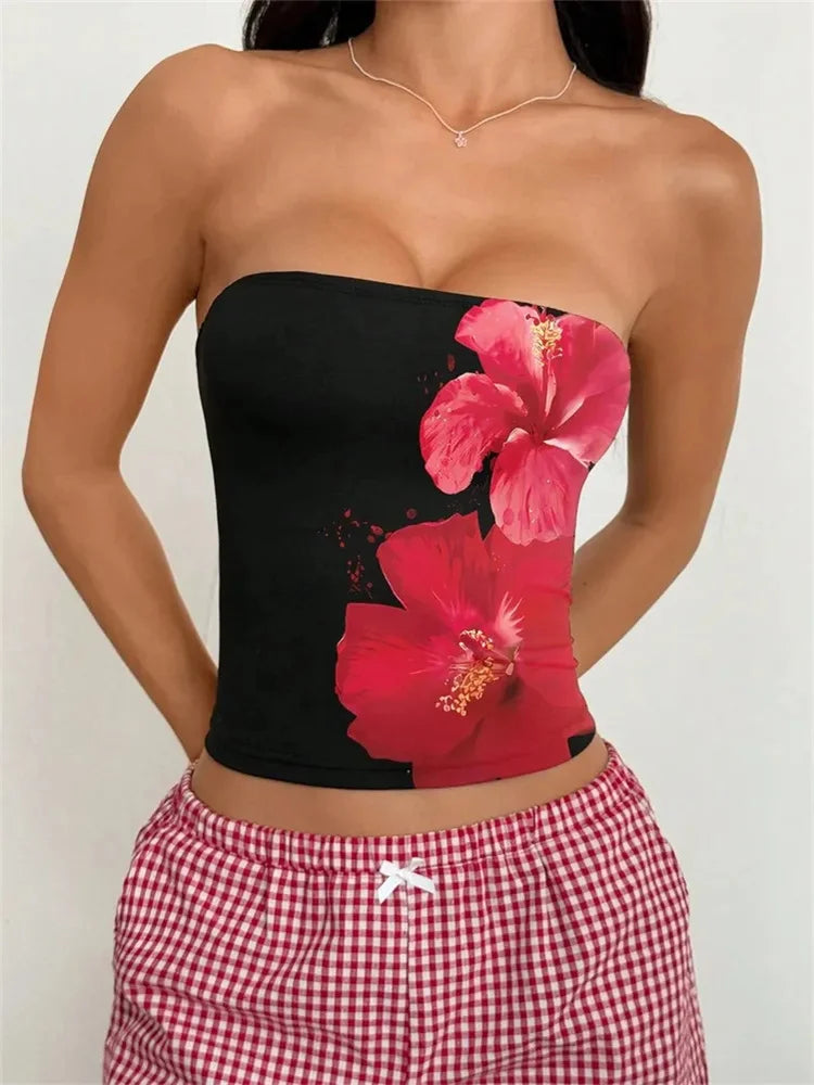 Women's Floral Printed Tube Top Summer Sexy Off the Shoulder Crop Top Streetwear