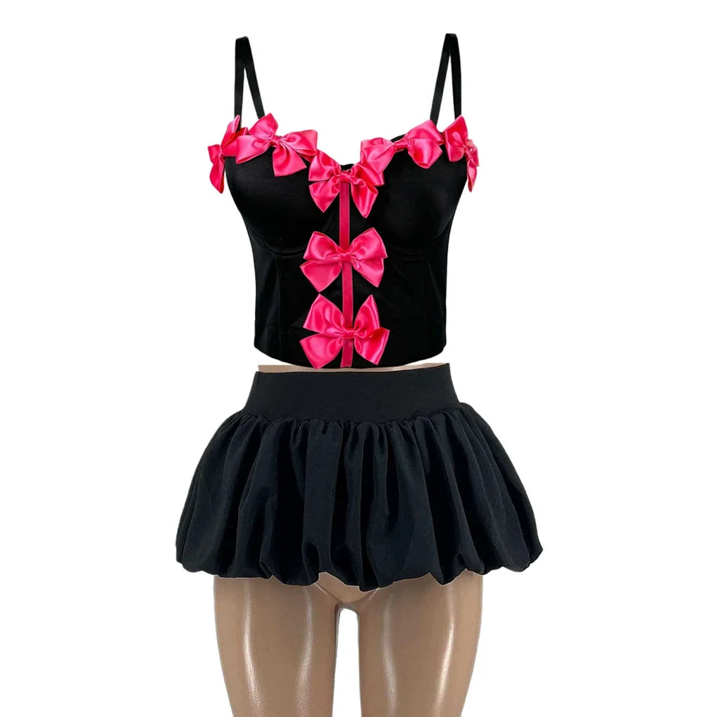 HLJ&GG Sweet Bow Fashion Corset Vest Two Piece Sets Women Thin Strap Slim Tank Top + Puffy Mini Skirts Outfits Female Streetwear