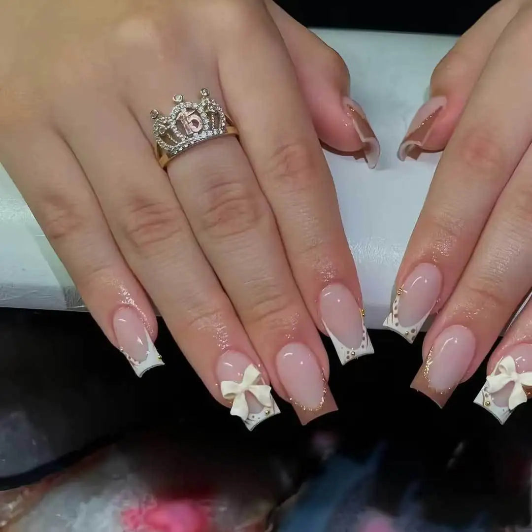 White French Press on Nails 3D Bowknot Fake Nails Tips Full Cover Wearable False Nails for Women and Girls DIY 24Pcs