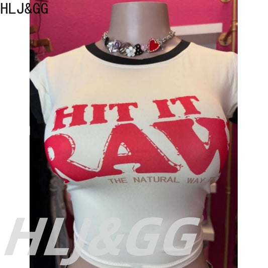 HLJ&GG Y2K Fashion Letter Printing Sequin Shorts Two Piece Sets Women Round Neck Short Sleeve Slim Crop Top And Shorts Outfits