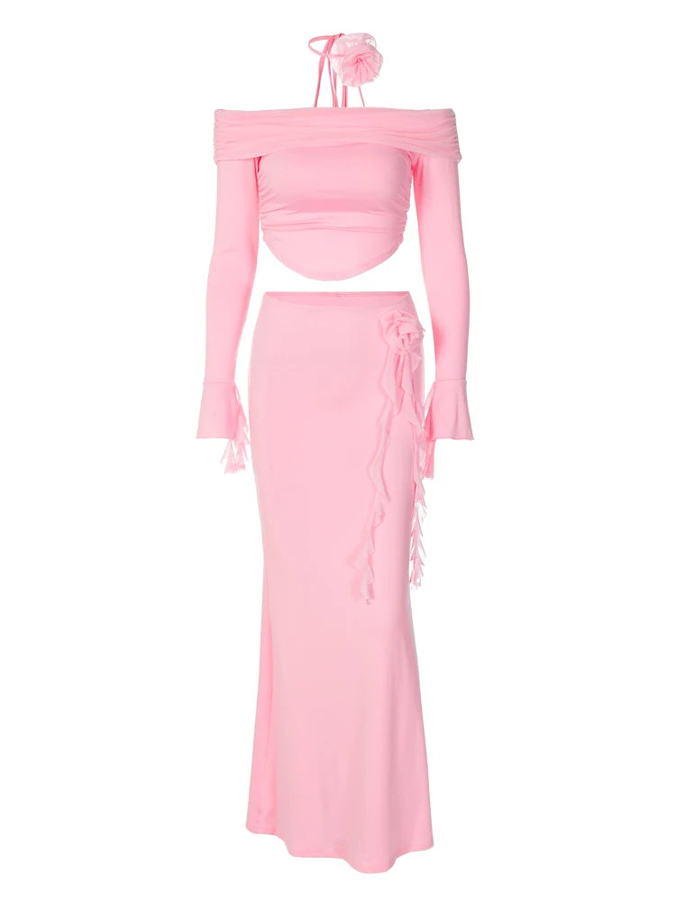 Dulzura Matching Suit Neck Accessories 3D Flower Off Shoulder Long Trumpet Sleeves Crop Top Tassel Maxi Skirt 2024 Autumn Women