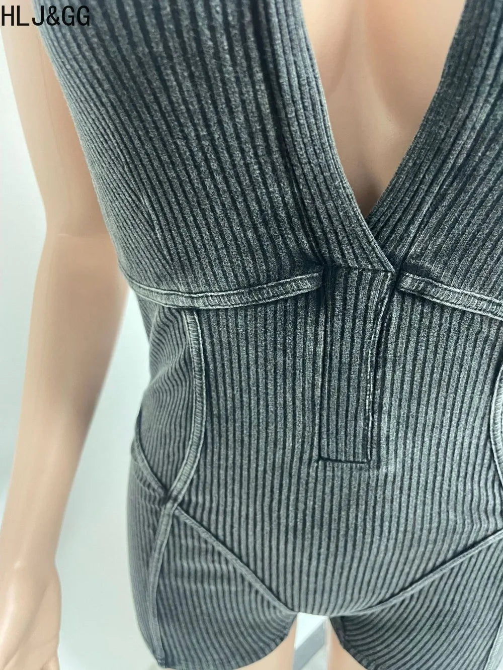 HLJ&GG Sexy Ribber Deep V Bodycon One Piece Rompers Women Sleeveless Backless Slim Jumpsuits Fashion Solid Color Overalls 2025