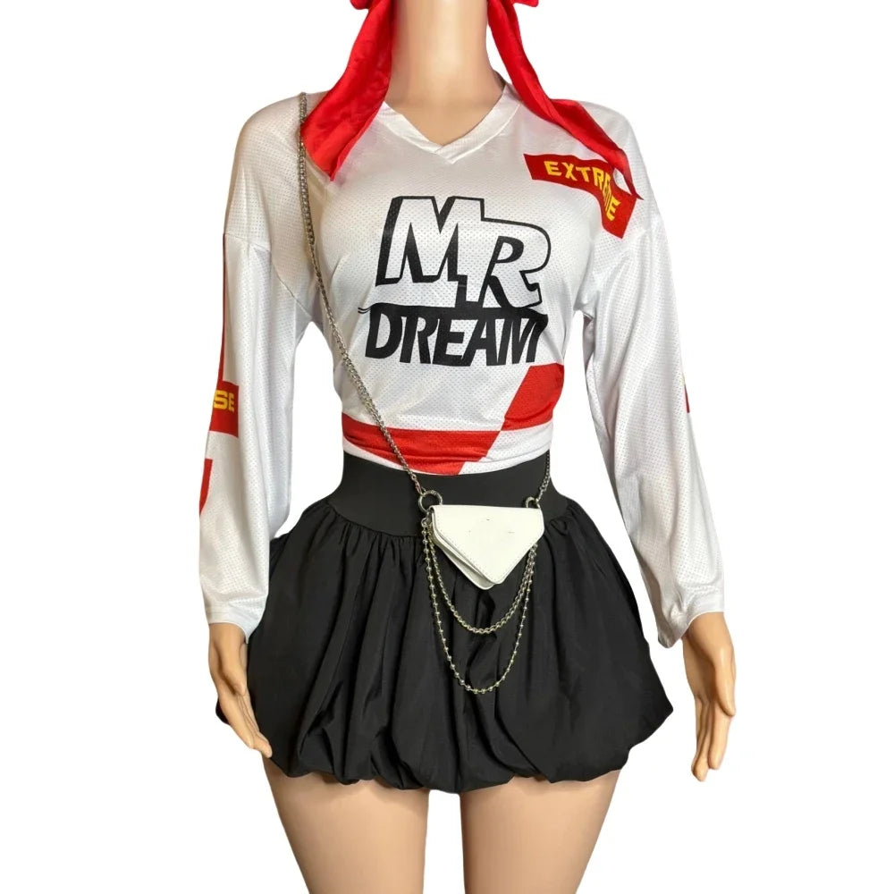 HLJ&GG Y2K Letter Print Mesh Two Piece Sets For Women V Neck Long Sleeve Top + Puffy Mini Skirts Outfits Fashion 2pcs Streetwear