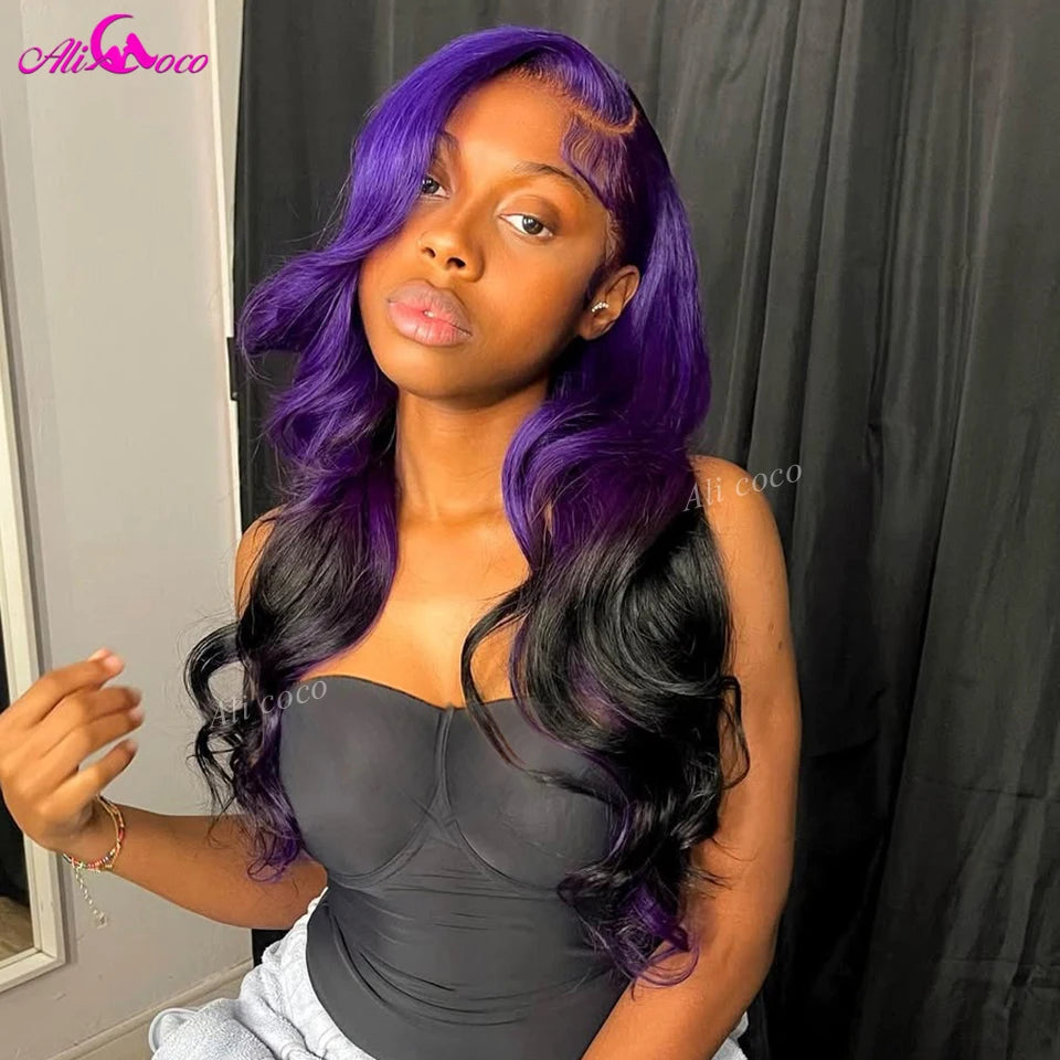 Ombre Purple Black Body Wave 13x6 13x4 HD Transparent Lace Front Human Hair Wigs Purple Colored Human Hair Wigs For Women