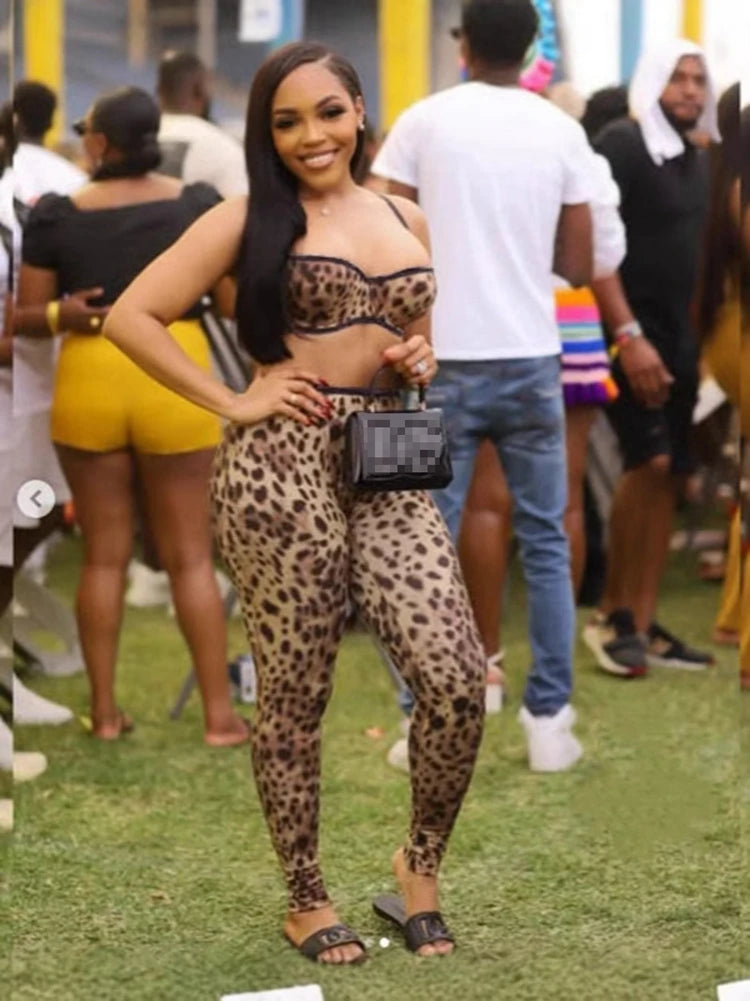 STYLISH LADY Leopard Printed Slim 2 Piece Set Women Spaghetti Strap Crop Top and Skinny Pant Suits 2025 Summer Nightclub Outfits