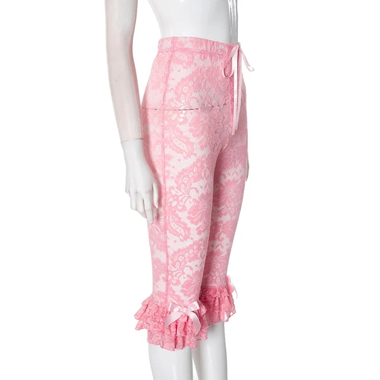 STYLISH LADY Lace Knee Length Pants 2025 Summer Women Midi Waist Hollow Out Sexy Club Party Street See Through Leggings Pants