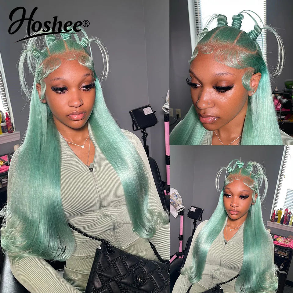Mint Green Straight Lace Front Human Hair Wigs For Women Lake Blue Colored Human Hair Wigs 13x4 Lace Frontal Wig Pre-Plucked