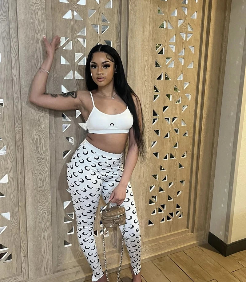 STYLISH LADY Moon Printed Sports 2 Piece Set Women Spaghetti Strap Crop Top and Skinny Pant Suits 2025 Summer Fitness Outfits