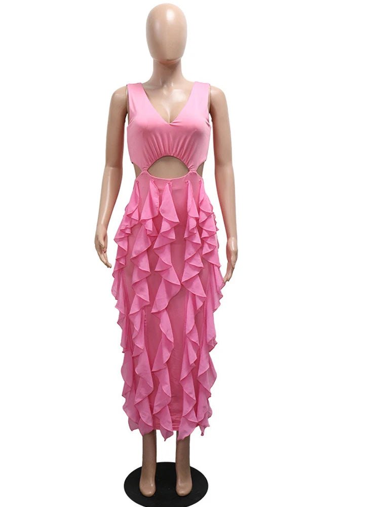Kricesseen Stylish Deep V Neck Ruffles Tierred Long Party Dresses For Women Cute Pink Ruched Night Out Vestidos Outfits Clubwear
