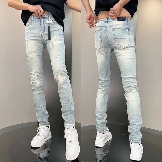 2025 Spring New Ripped Hole Denim Man's Pants Washing Light Blue Hip Hop Slim Fit  Men's Trousers High Street Blue beggar Jeans