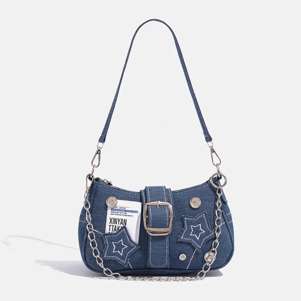 Y2K Canvas Chain Shoulder Bag jeans Stars Pattern Underarm Bag Women's Handbag for Woman Girls