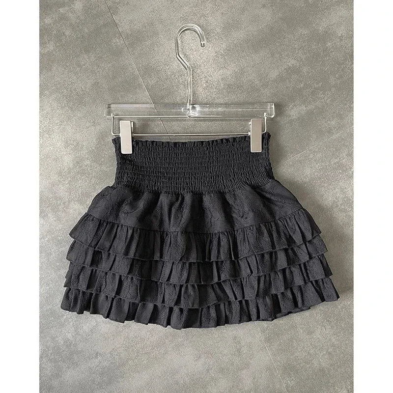 Streetwear Ruffles Mini Skirts Women Sweet Kawaii High Waist Lace A Line Skirt Summer Korean Fashion Black Ball Gown Skirts