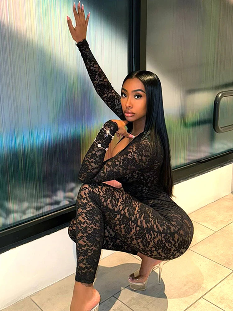 Weird Puss Sexy Jacquard Jumpsuit Women Sexy Mesh Patchwork Low-Neck Hollow Full Sleeve Skinny Midnight Party Clubwear Overalls