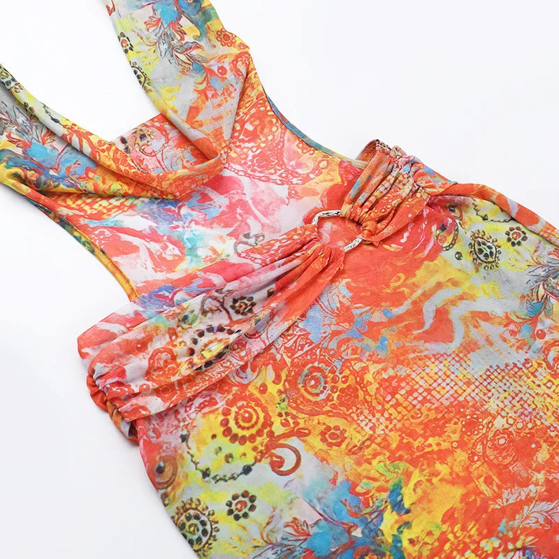HLJ&GG Sexy Deep V Mesh See Though Bandage Long Dresses Women Tie Dye Print Sleeveless Backless Slim Vestidos Fashion Streetwear