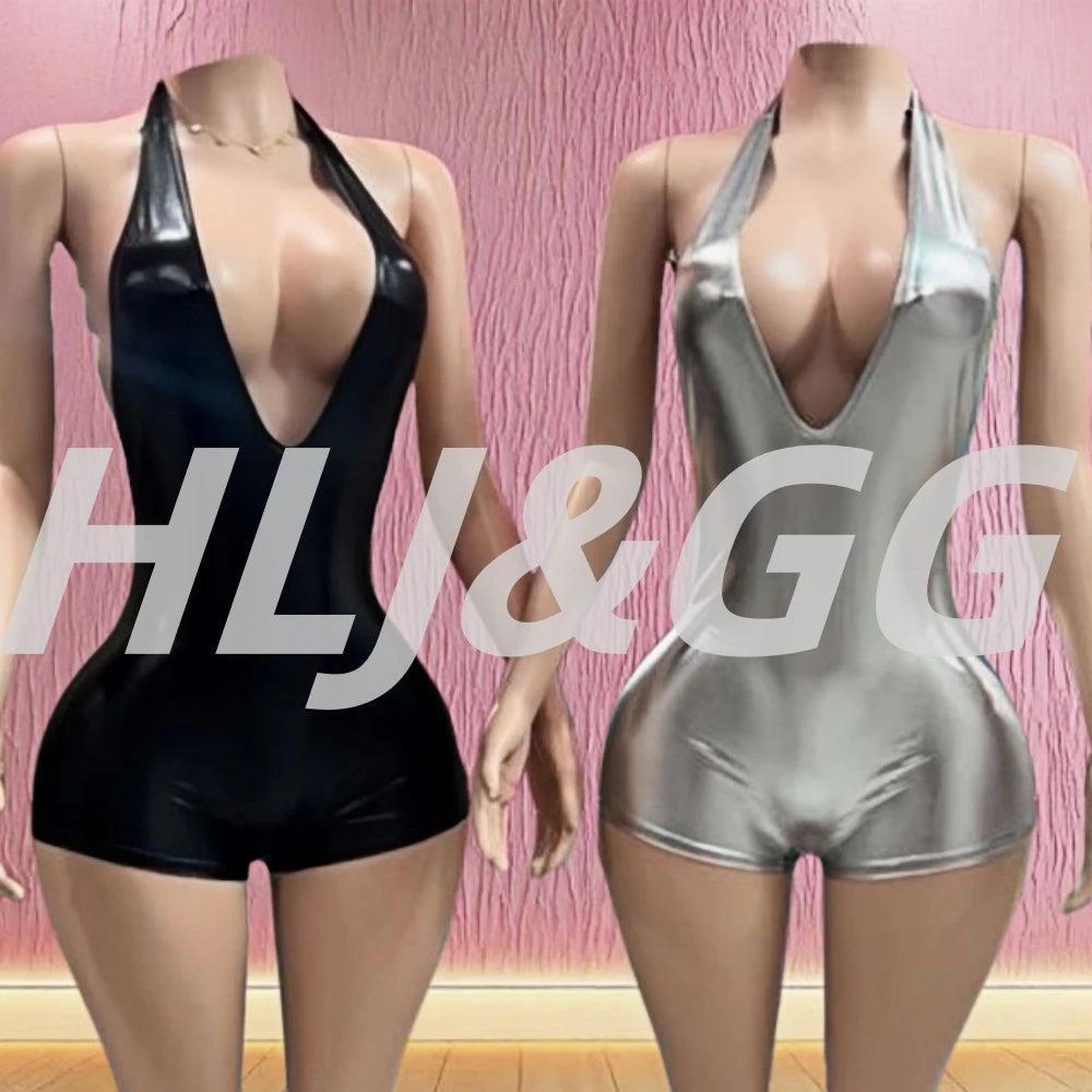 HLJ&GG Sexy Deep V Halter Glossy Bodycon One Piece Rompers Women Sleeveless Backless Lace Up Jumpsuits Fashion Clubwear Overalls