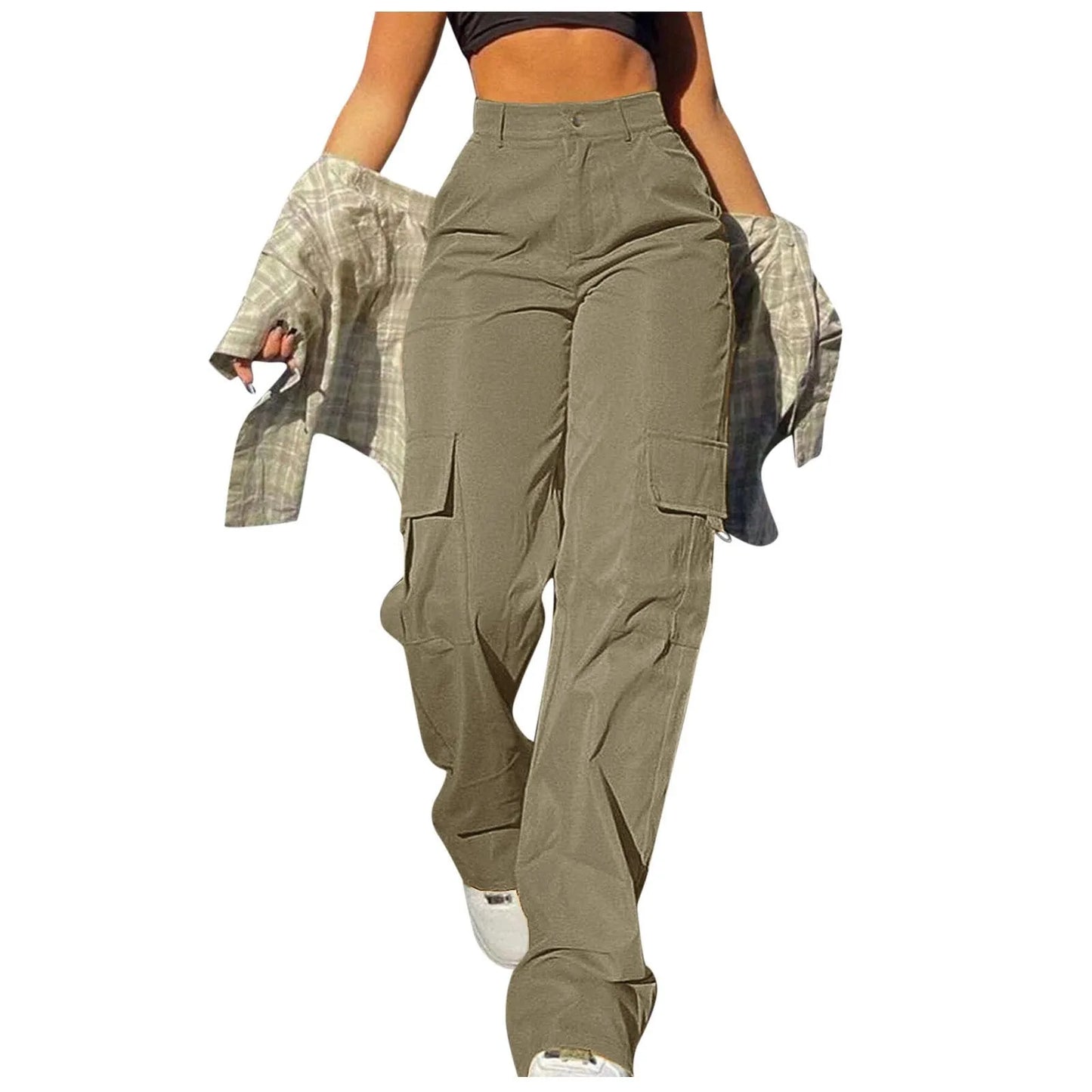 Women Cargo Pants With Pockets Stretch High Waisted Casual Sweatpants Straight Wide Leg Long Pants Sporty Jogger Trouser