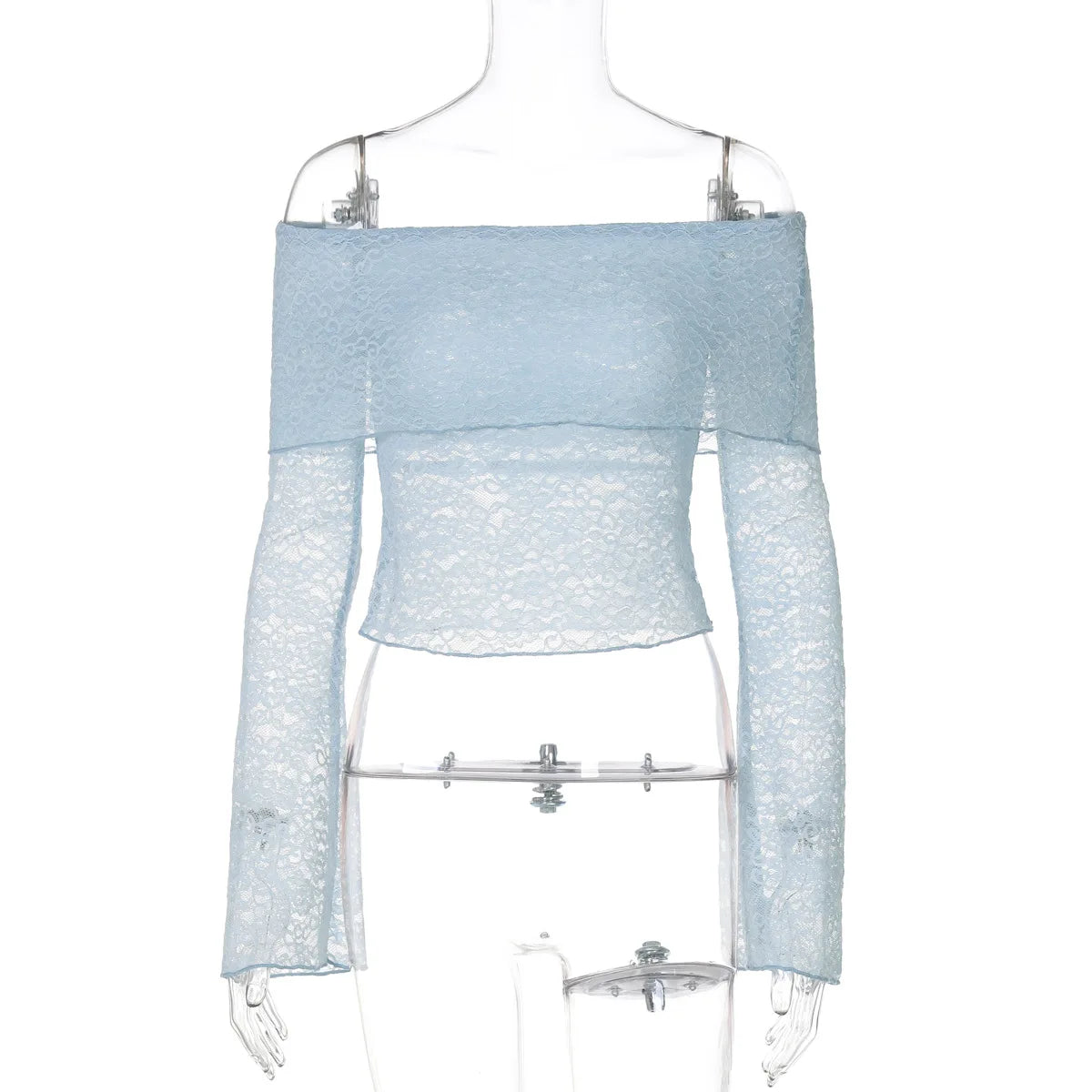 Nsauye Women Skinny Sexy Lace Mesh Fashion Elegant Long Sleeve Basic Cropped T Shirt Tops 2025 Summer Night Club Mini Blouse