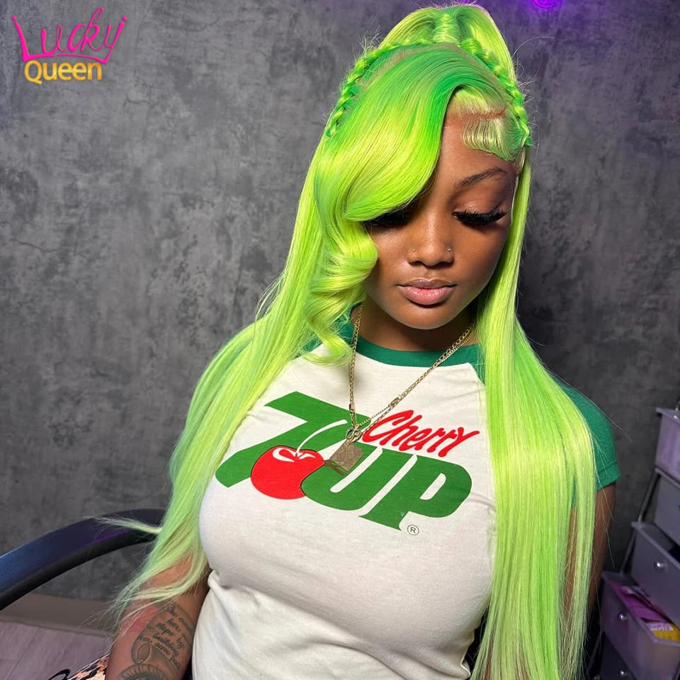 613 Colorful Wigs Green Apple Color Human Hair Pre Plucked For Women Lace Front Transparent Lace 180 Density Straight Baby Hair