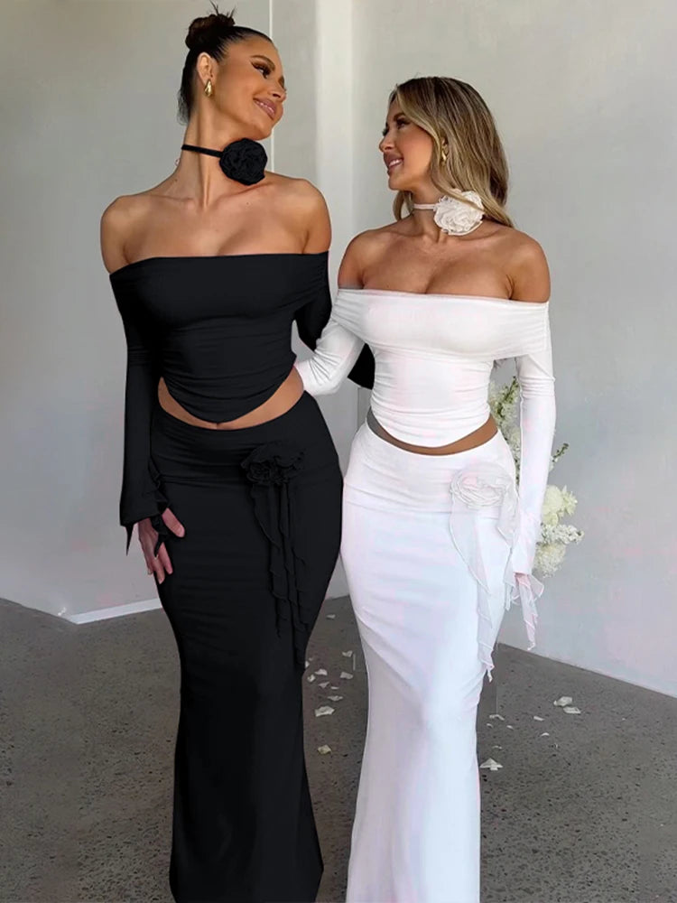 Dulzura Matching Suit Neck Accessories 3D Flower Off Shoulder Long Trumpet Sleeves Crop Top Tassel Maxi Skirt 2024 Autumn Women
