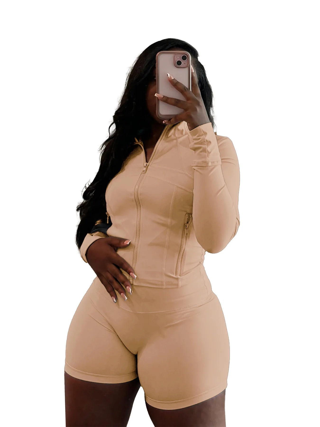 HLJ&GG Casual Sporty Skinny Shorts Two Piece Sets Women Zip Long Sleeve Slim Top + Shorts Outfits Summer New Stretchy Tracksuits